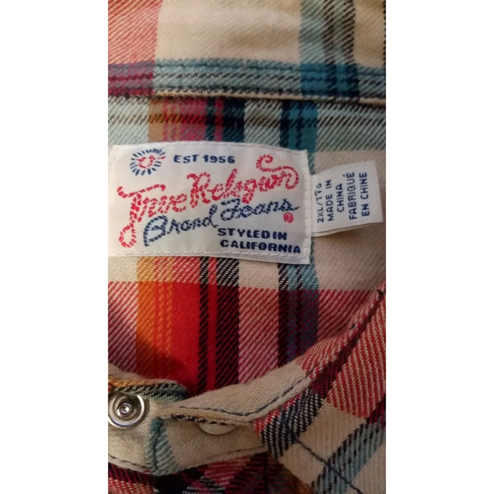 True Religion Mens 2XL Shirt Western Plaid Pearl Snap Long Sleeves TIGHT FITTING